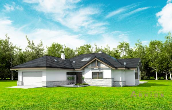 5. Проект одноэтажного дома в европейском стиле с многоскатной кровлей, mp-316, площадью - 225 кв c терассой, гаражом, эркером, вторым светом